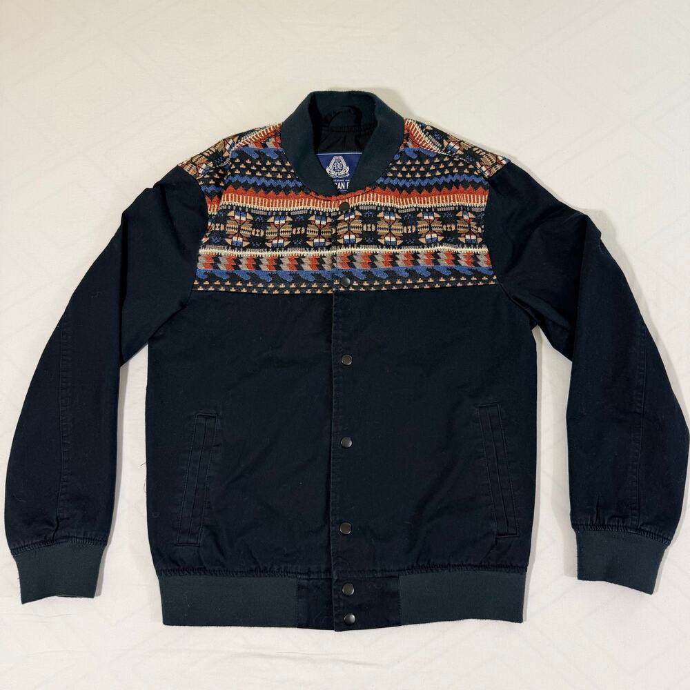 American Rag Mens Snap Bomber Jacket Small Black Aztec Southwestern Canvas